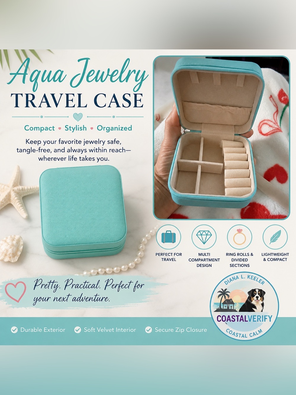 Aqua Jewelry Travel Case - Compact Jewelry Organizer